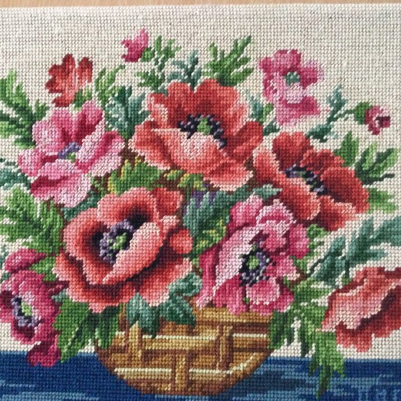 Vintage hand embroidery needlework yarn art wall hanging red flowers Brown vase - Picture 2 of 4